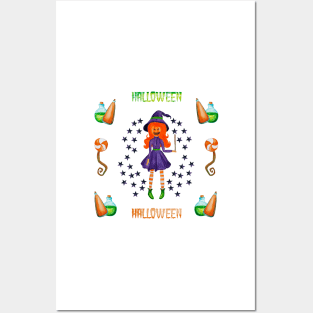 Halloween Watercolor Pumpkin Witch Collection Posters and Art